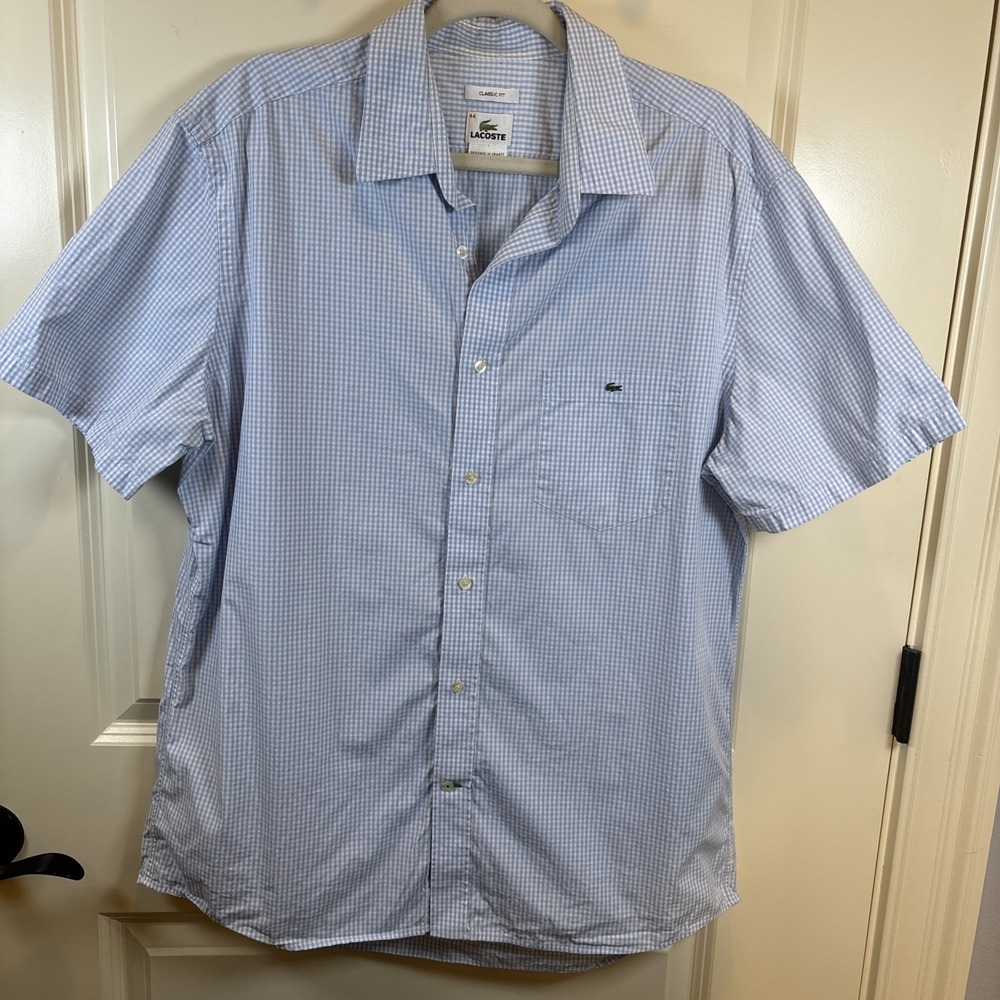Lacoste Classic Fit Men Size 44 Large Short Sleeve Button Down Shirt Coastal